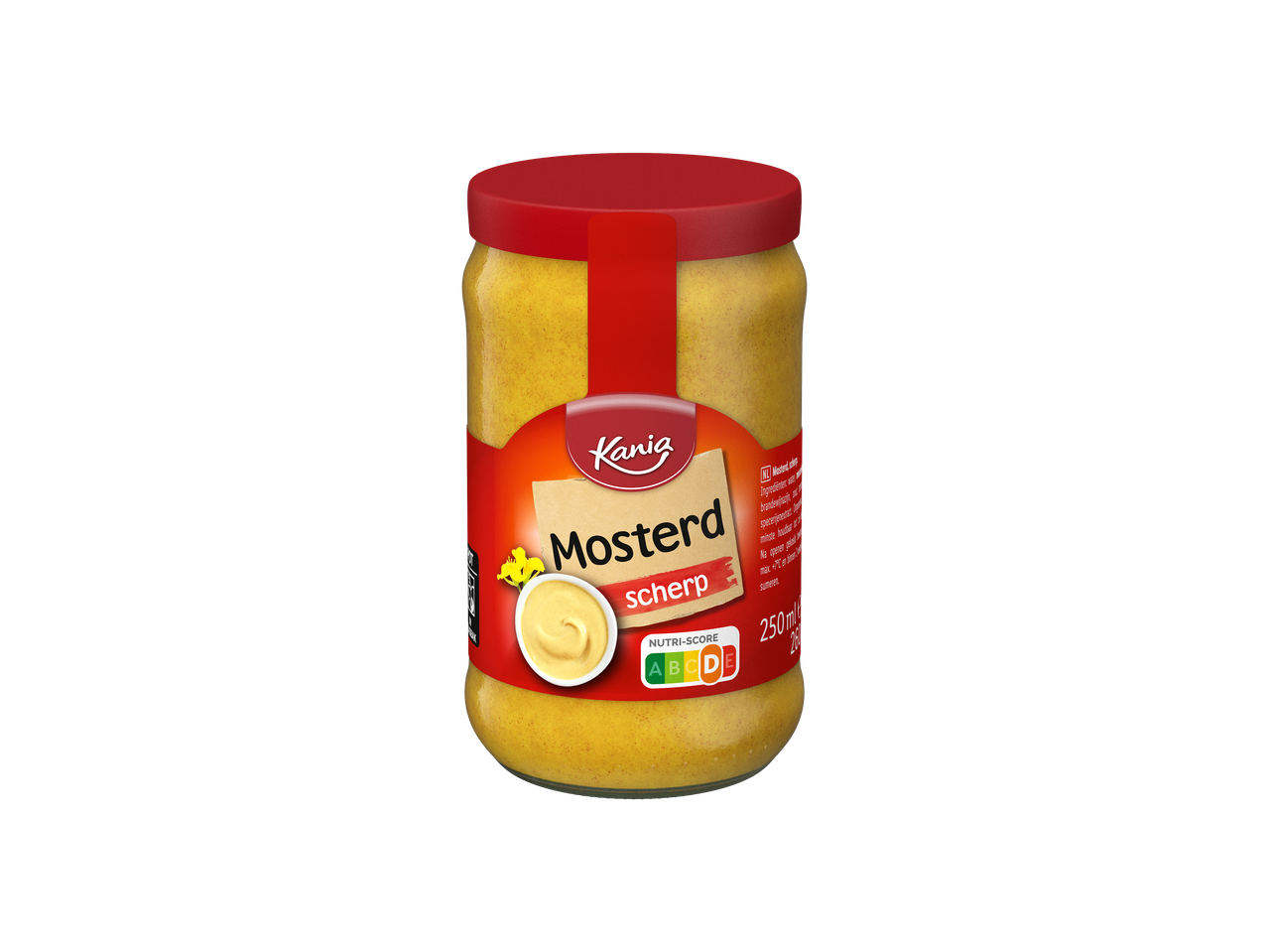 Kania Mosterd scherp in een pot met een rood etiket en deksel, 250ml.
