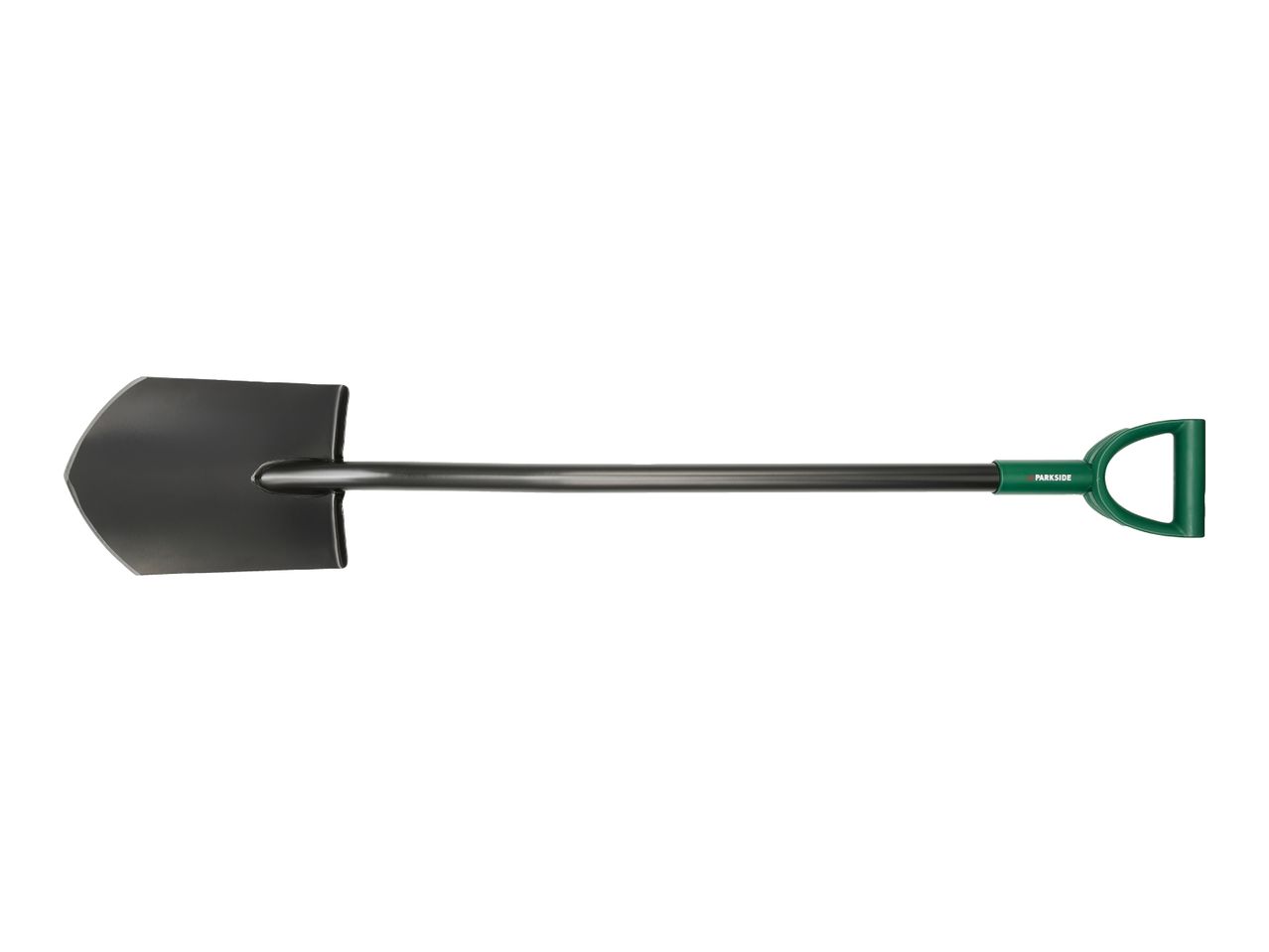 A black shovel with a green D-handle, lying horizontally on a white background.