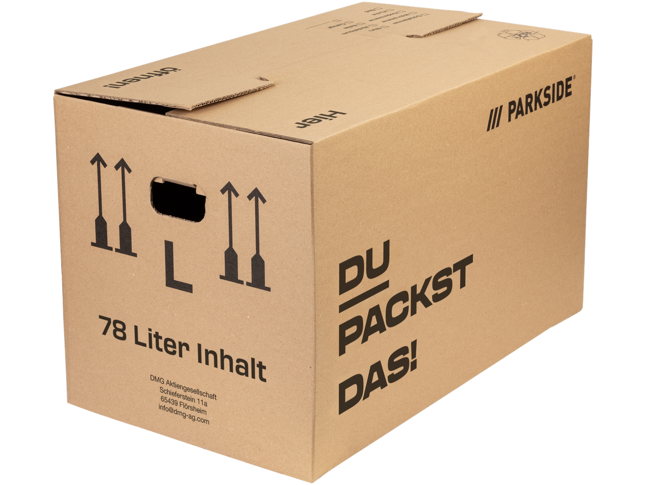 Parkside® Umzugskarton mit 78 Litern Fassungsvermögen, mit dem Text „DU PACKST DAS!“ und Adressdaten.