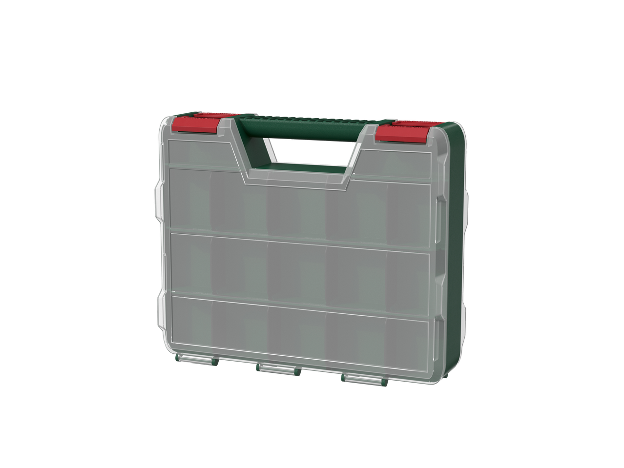 Caixa de ferramentas transparente com pega verde e fechos vermelhos