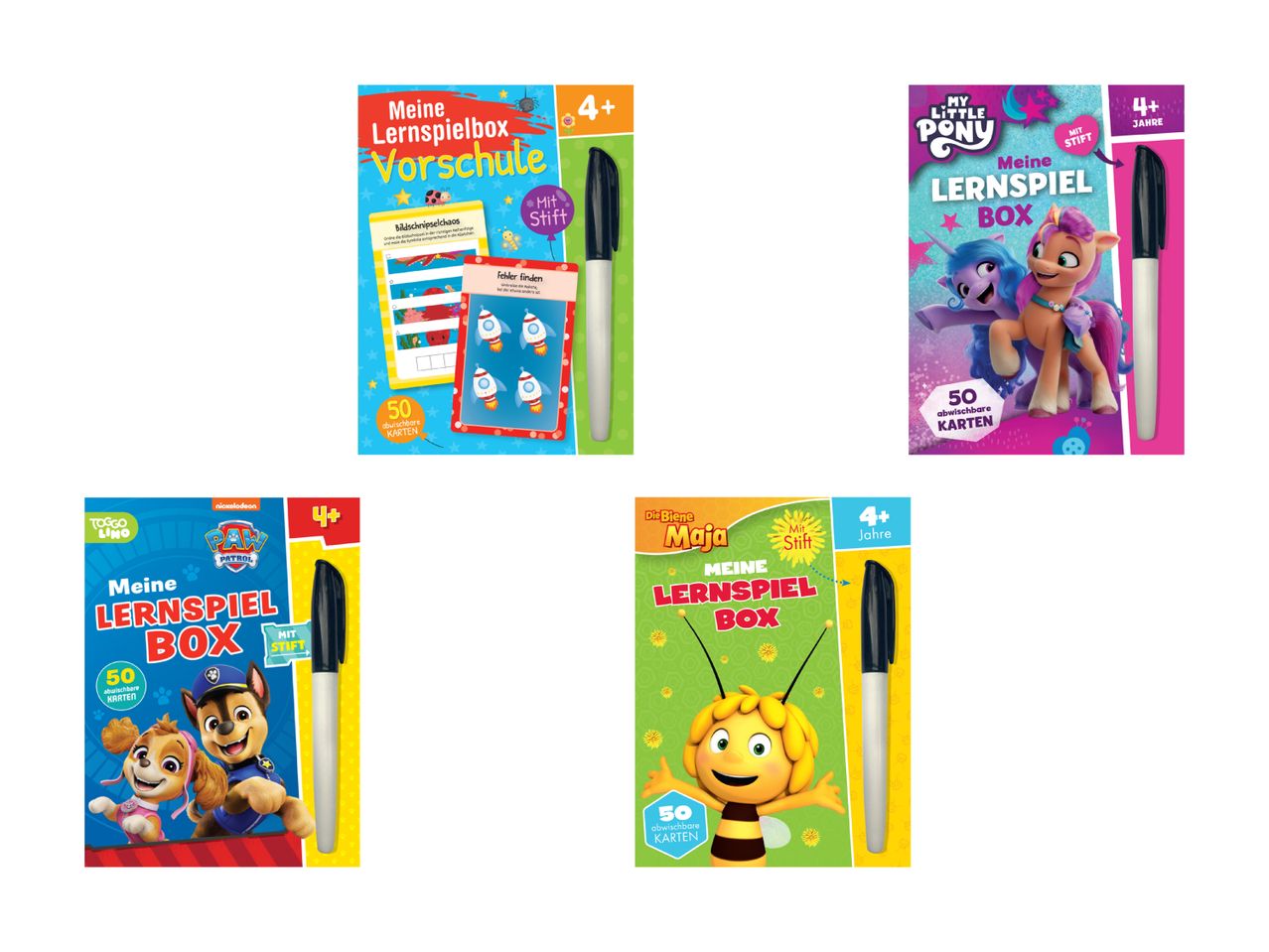 Vier Lernspiele für Kinder mit Markern, mit Tier- und Cartoon-Motiven.