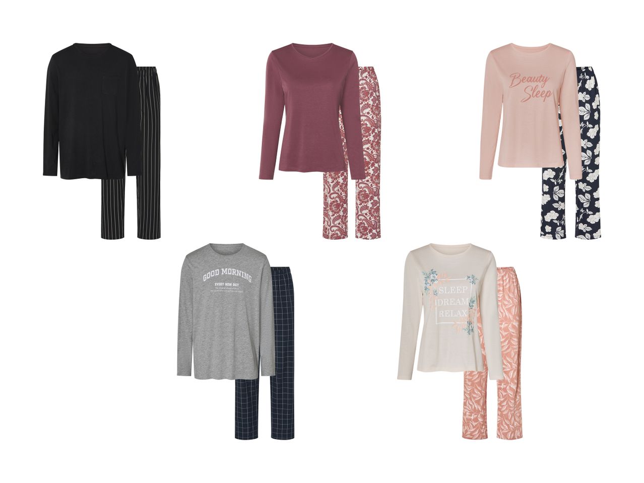 Fem sæt pyjamas med langærmede toppe og matchende bukser i forskellige farver og mønstre.