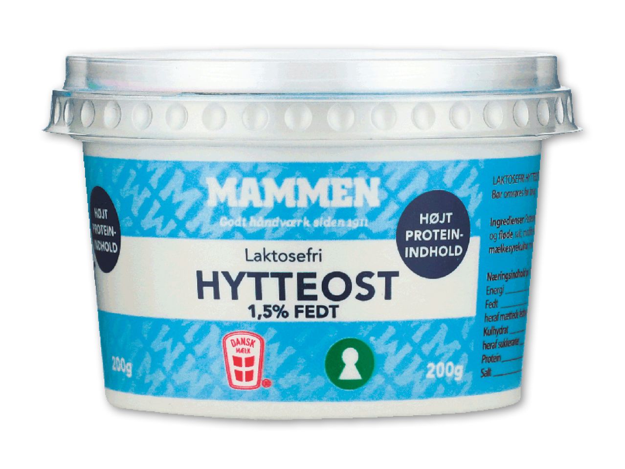 En hvid og blå beholder med Mammen laktosefri hytteost med 1,5% fedt.