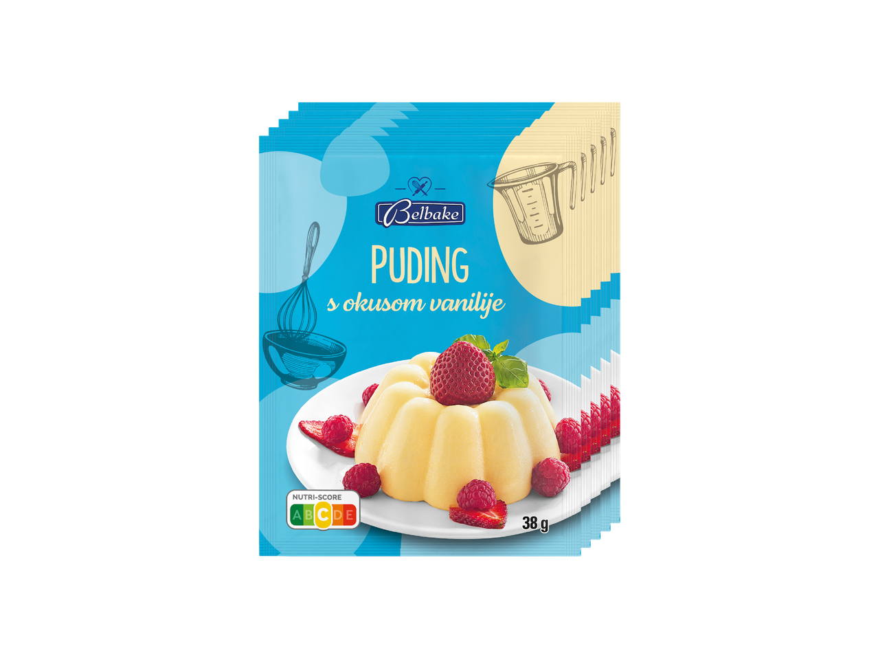 Belbake puding s okusom vanilije, ukrašen jagodama i malinama, s Nutri-Score oznakom.