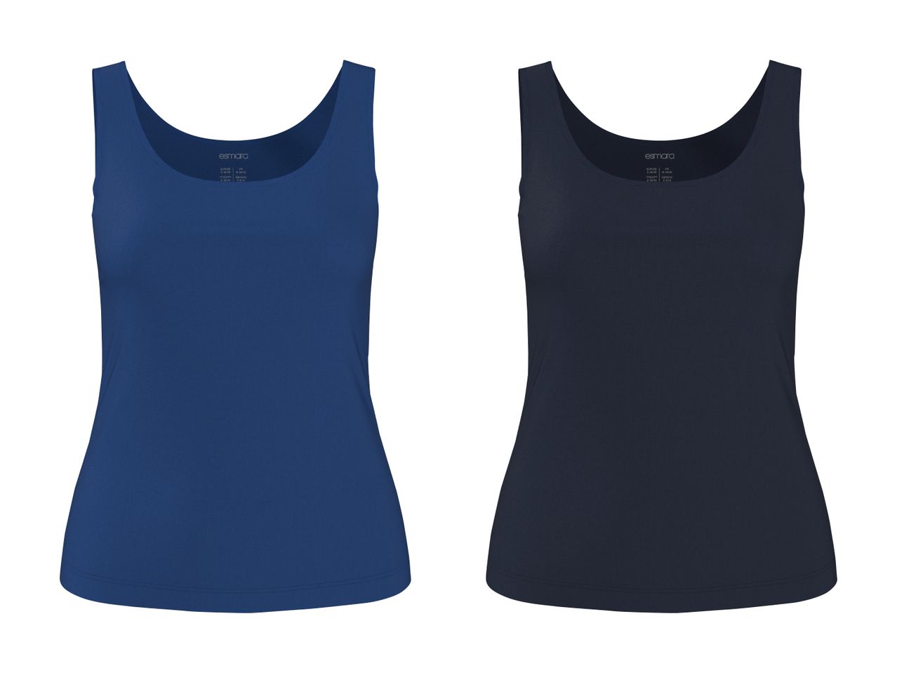 To ensfarvede tanktoppe, en blå og en mørkeblå, med et mærke i nakken.