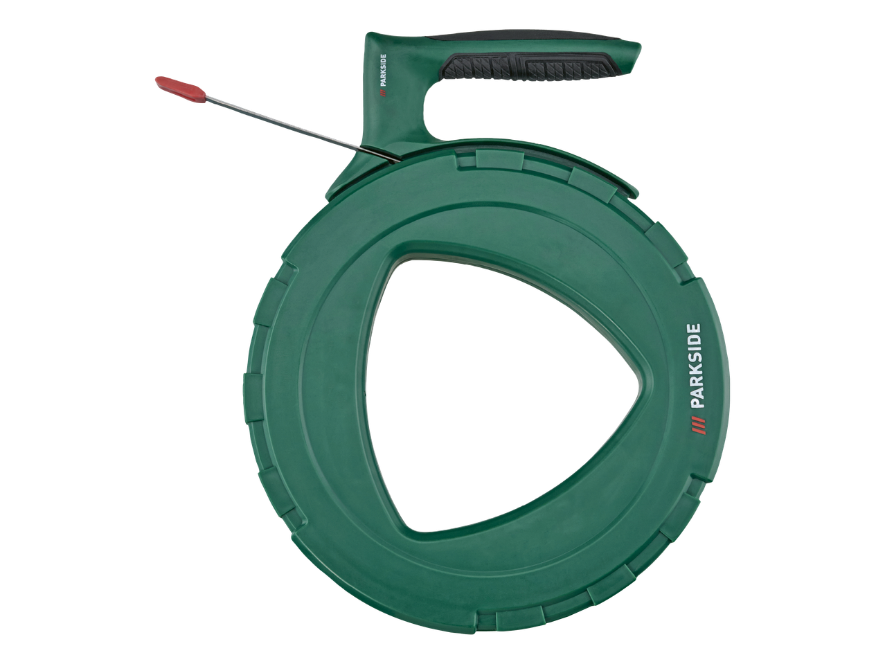 Zelena sajla za provlačenje kabela s crvenim vrhom i crnom ručkom.