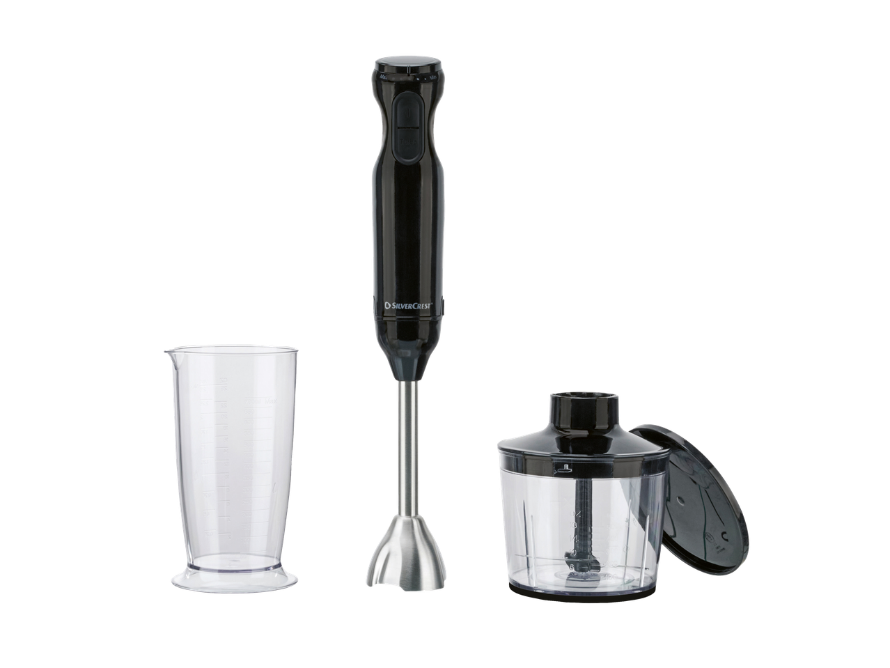 Silvercrest® 2-in-1 rokas blenderis ar mērglāzi un smalcinātāju.