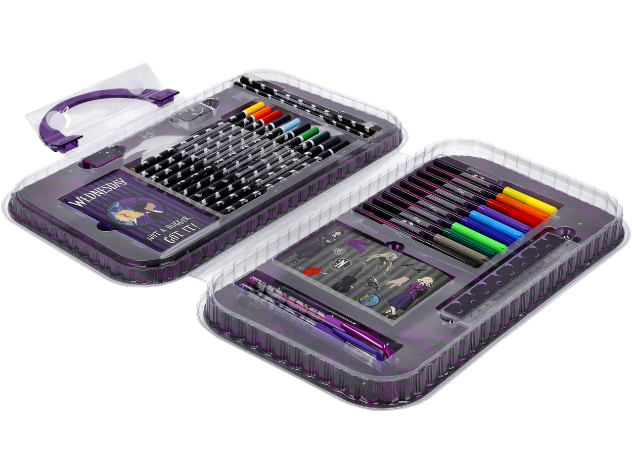 Conjunto de desenho Wednesday com marcadores, lápis e autocolantes numa caixa transparente