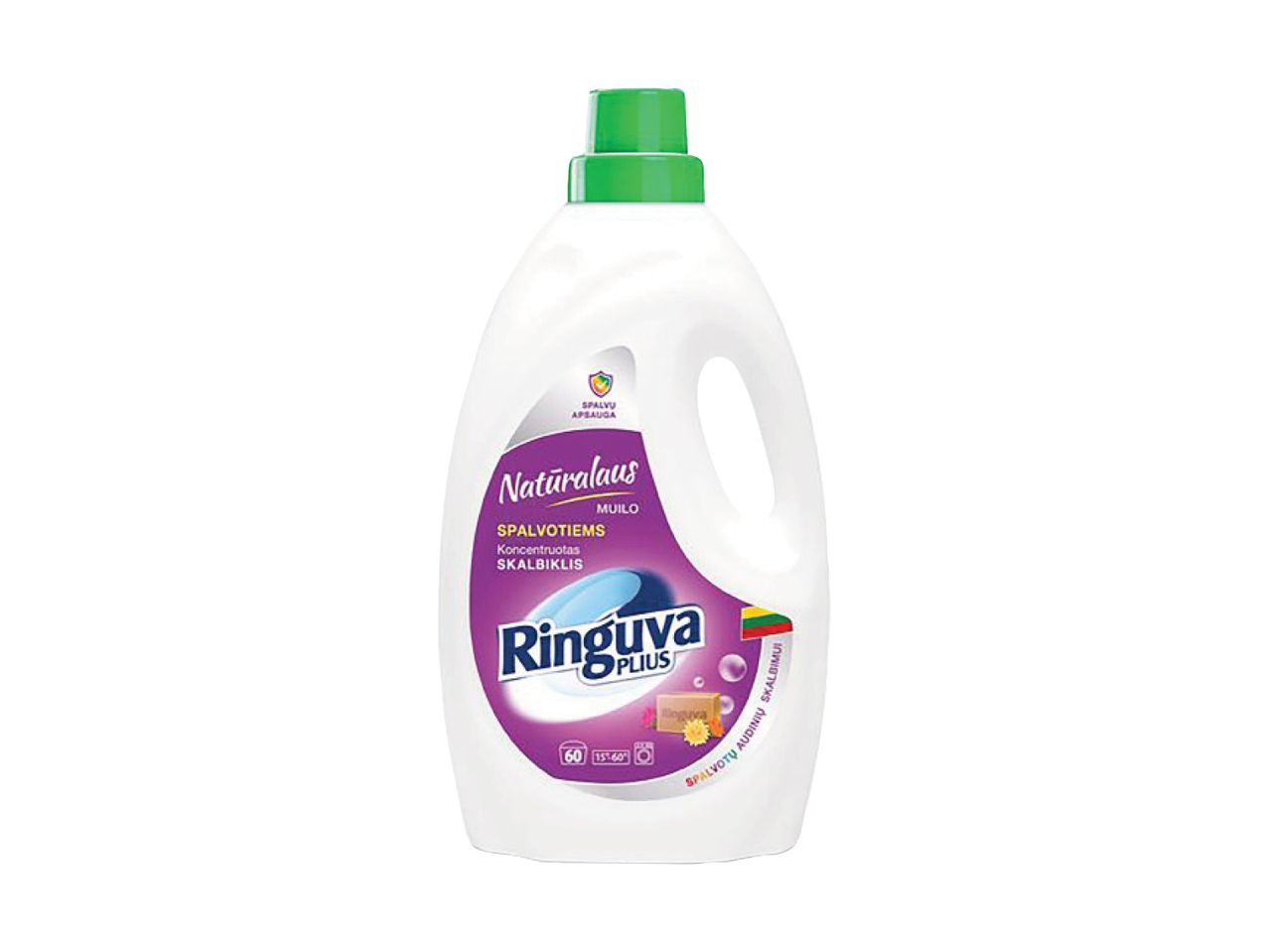 Ringuva Plus skystas skalbiklis spalvotiems audiniams su muilu, baltame butelyje su žaliu kamšteliu.