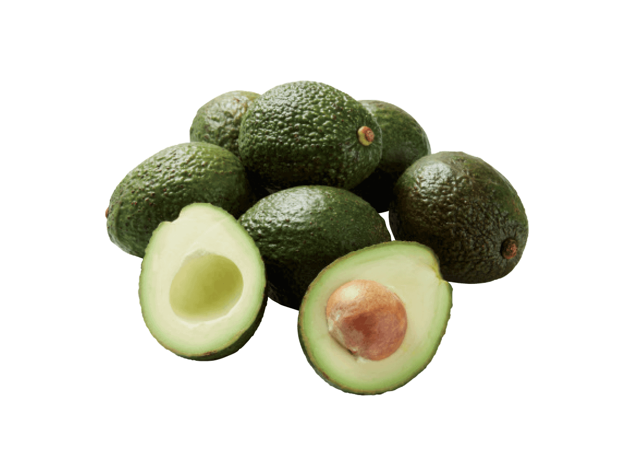Hulk avokaadosid, millest kaks on pooleks lõigatud, näidates viljaliha ja seemet.