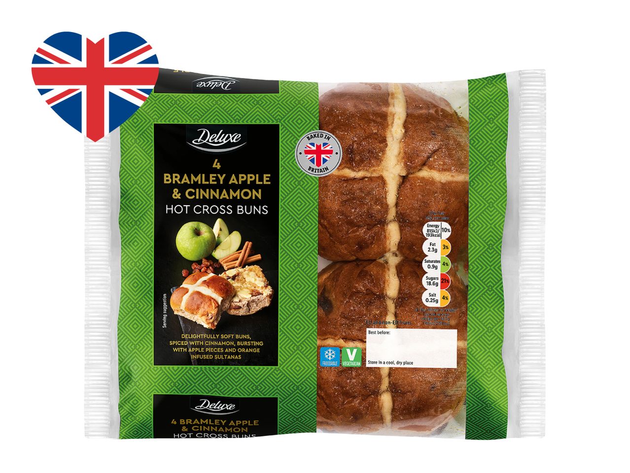 Packaging for 4 Bramley Apple & Cinnamon Hot Cross Buns, with nutritional information and a Union Jack heart.