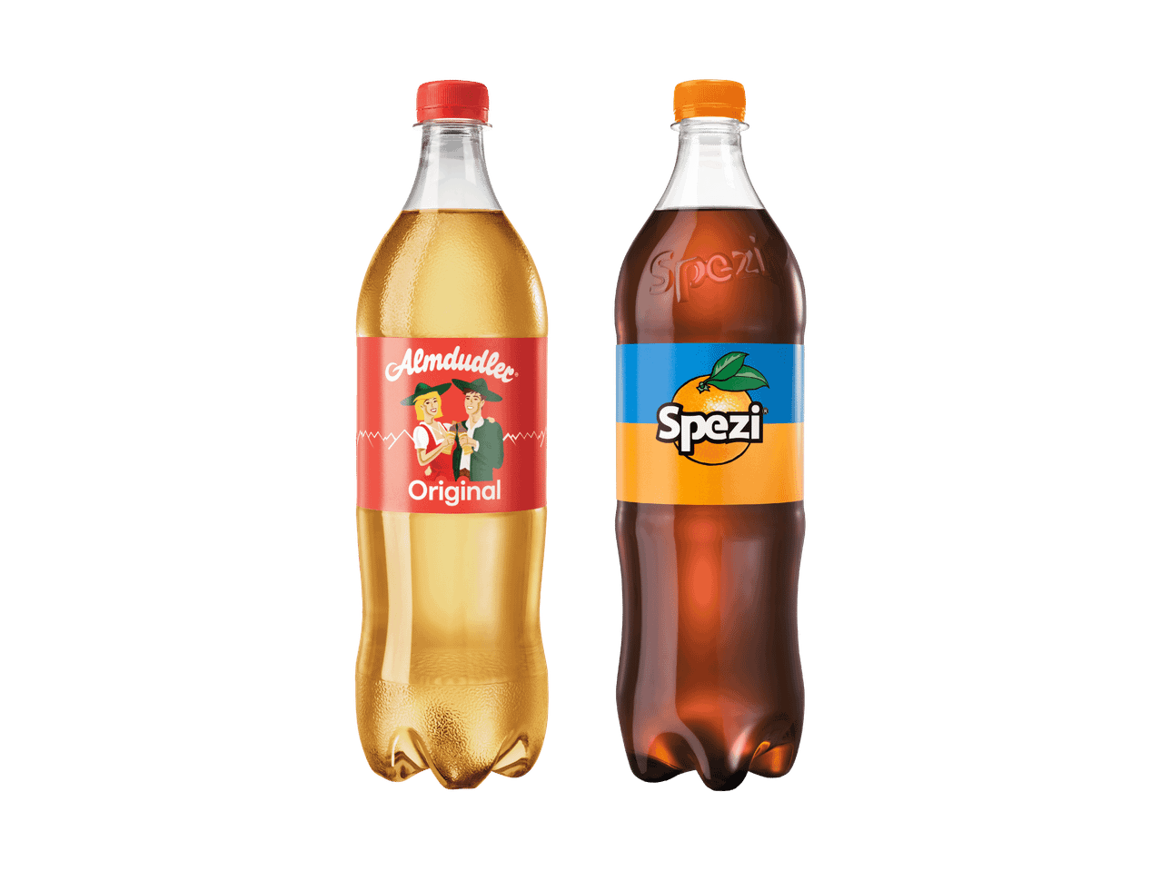Zwei Flaschen Limonade: Almdudler Original und Spezi.