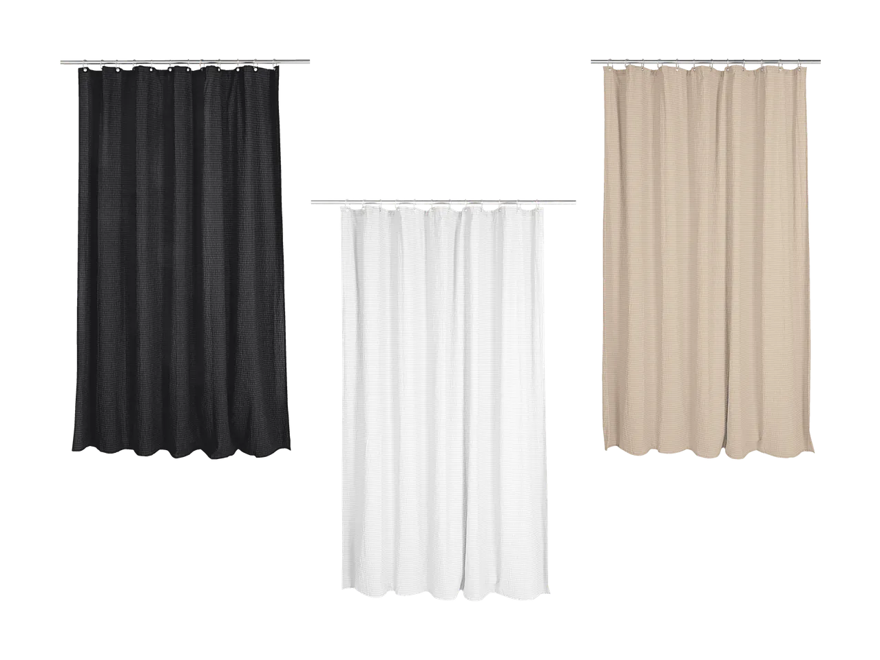 Drei Duschvorhänge in Schwarz, Weiß und Beige mit Wabenmuster.