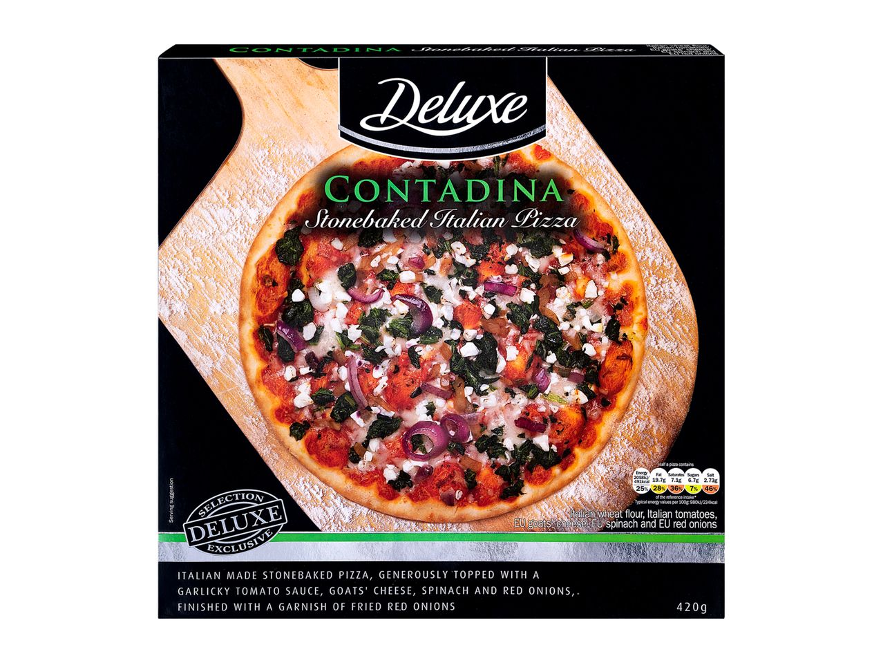 Contadina Deluxe stonebaked pizza: goat's cheese, spinach and red onions.