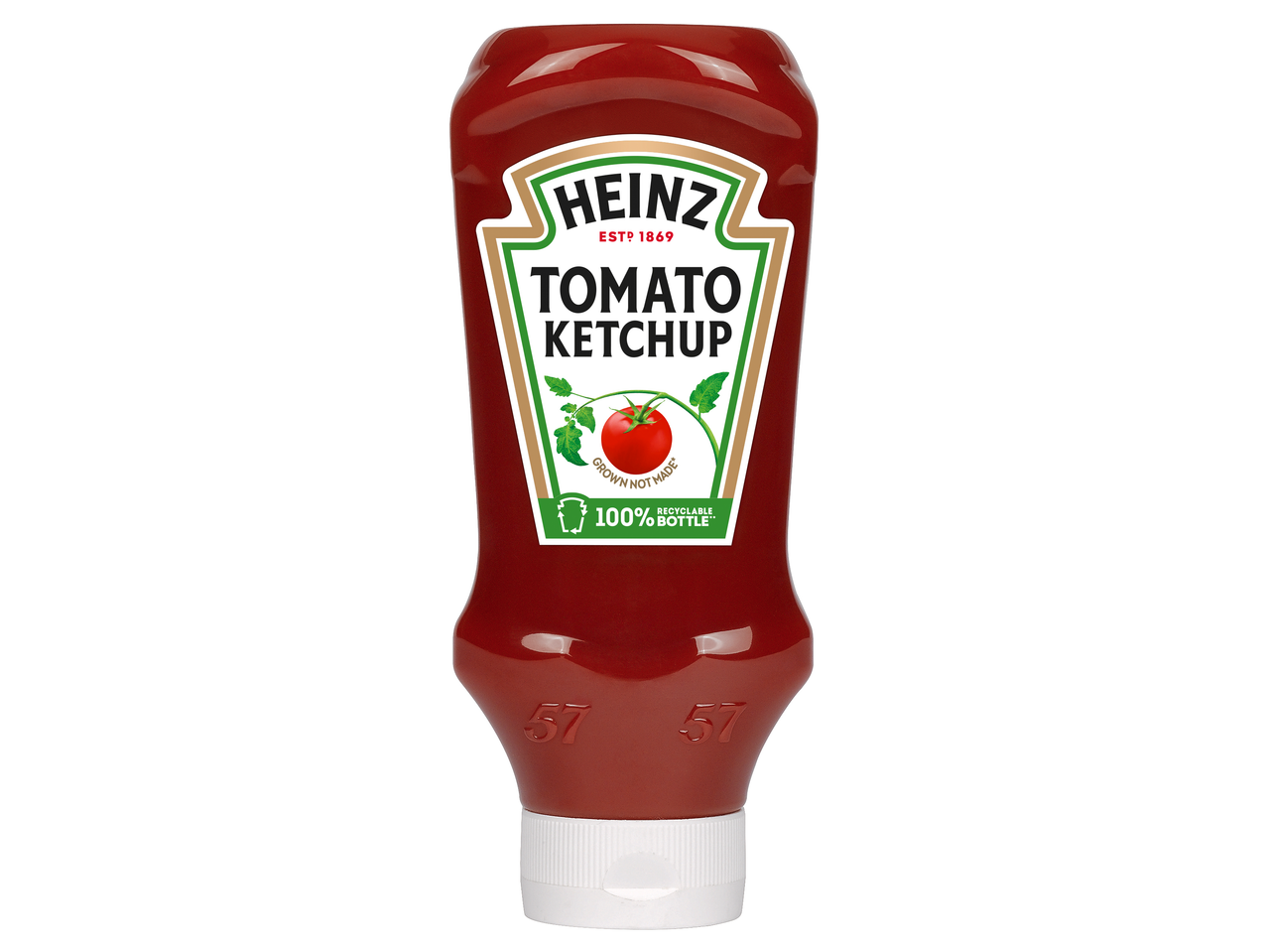 Garrafa de Ketchup de Tomate Heinz Top Down, 100% reciclável.