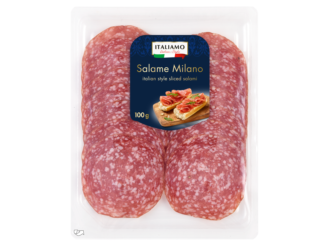 Szeletelt milánói szalámi 100 g-os kiszerelésben.