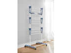 W5 3 Tier Clothes Airer, white and blue, standing on a wooden floor.