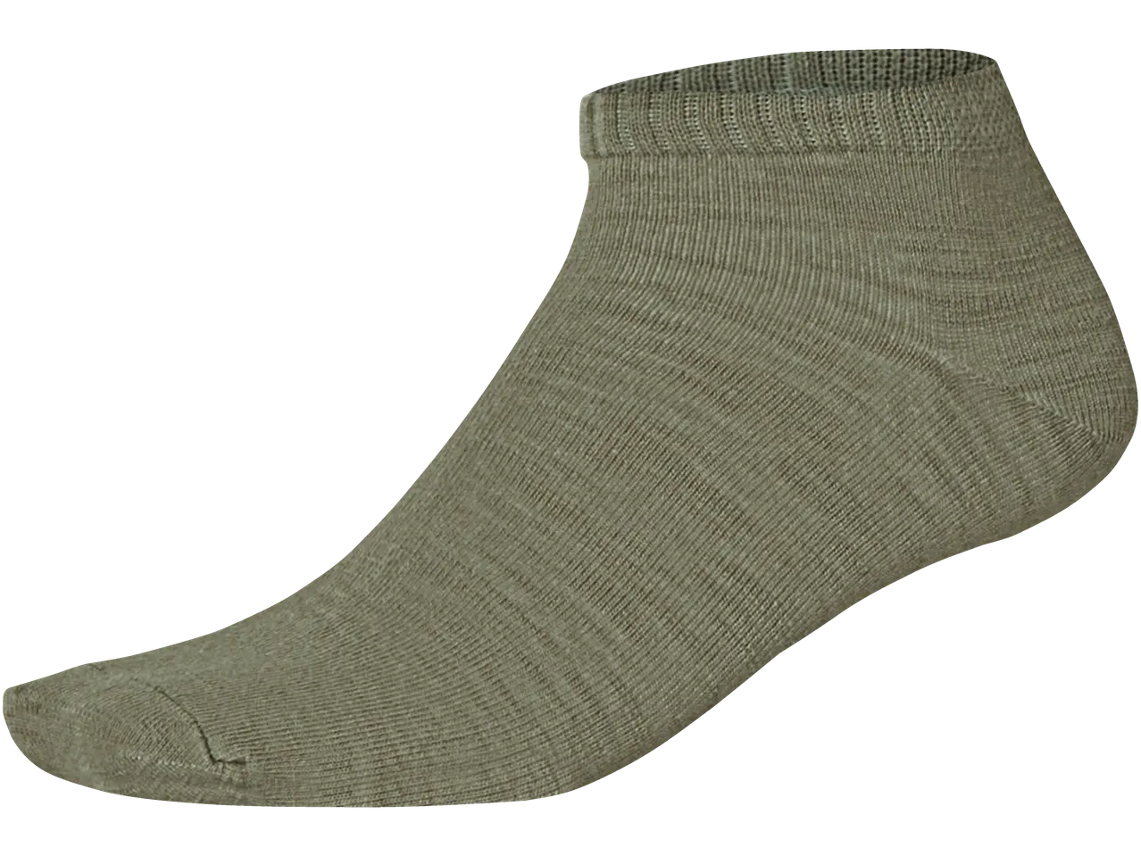 Single olive green ankle sock with a ribbed cuff, shown on a black background.