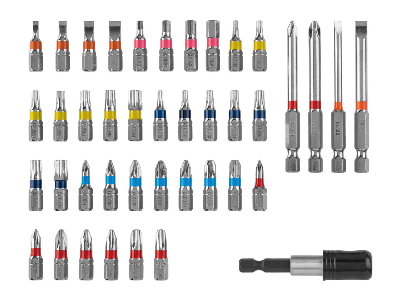 A collection of various screwdriver bits and a magnetic bit holder, featuring different sizes and tip types.