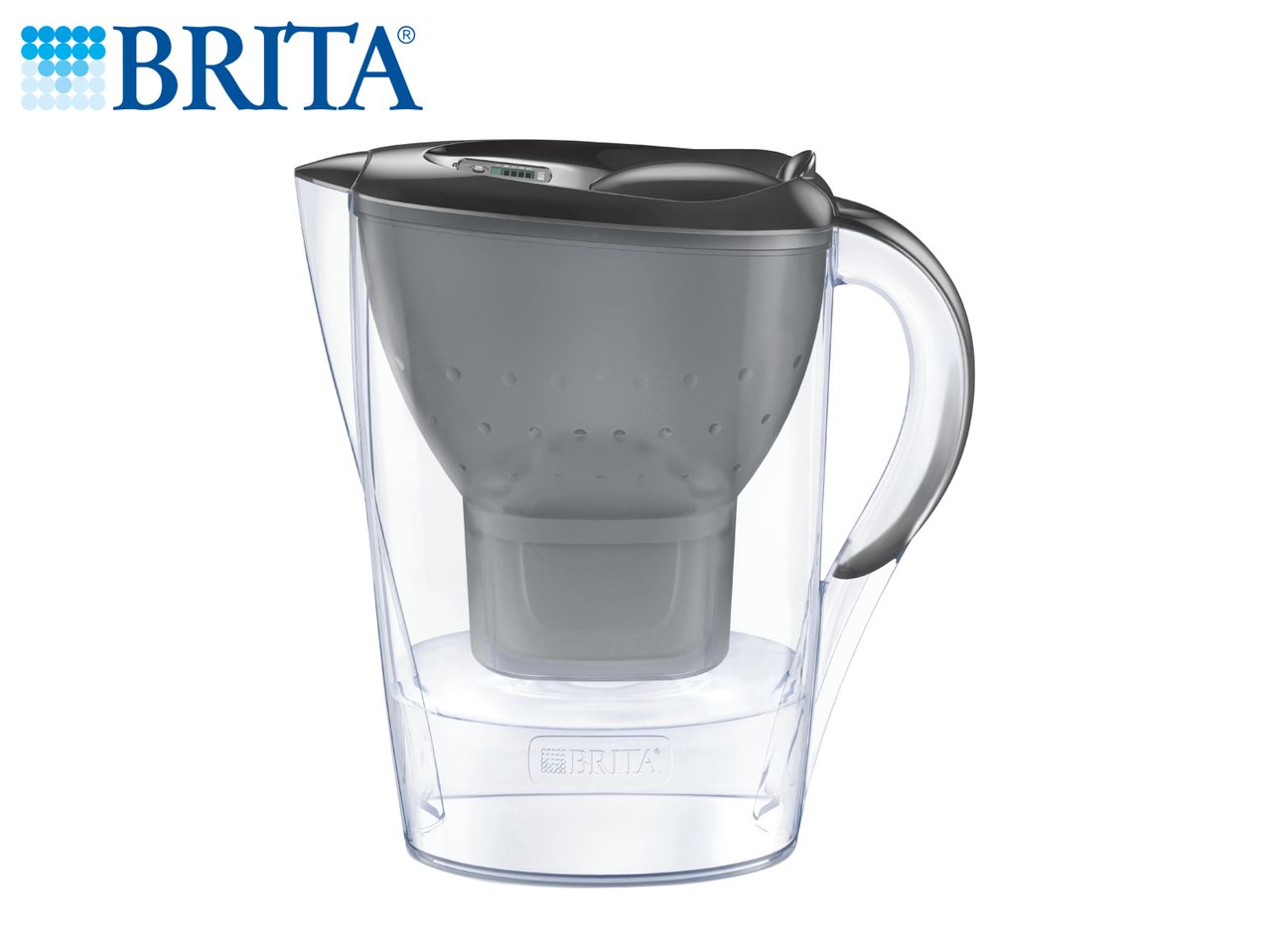Water filter pitcher with a dark grey lid and filter, and a clear body, on a white background.