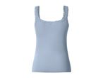 Light blue ribbed tank top with lace trim on the neckline and straps.