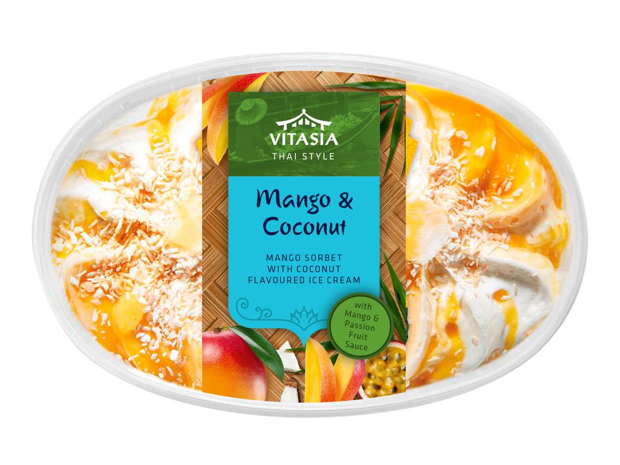 Mango and coconut sorbet with ice cream and fruit sauce, Thai style.