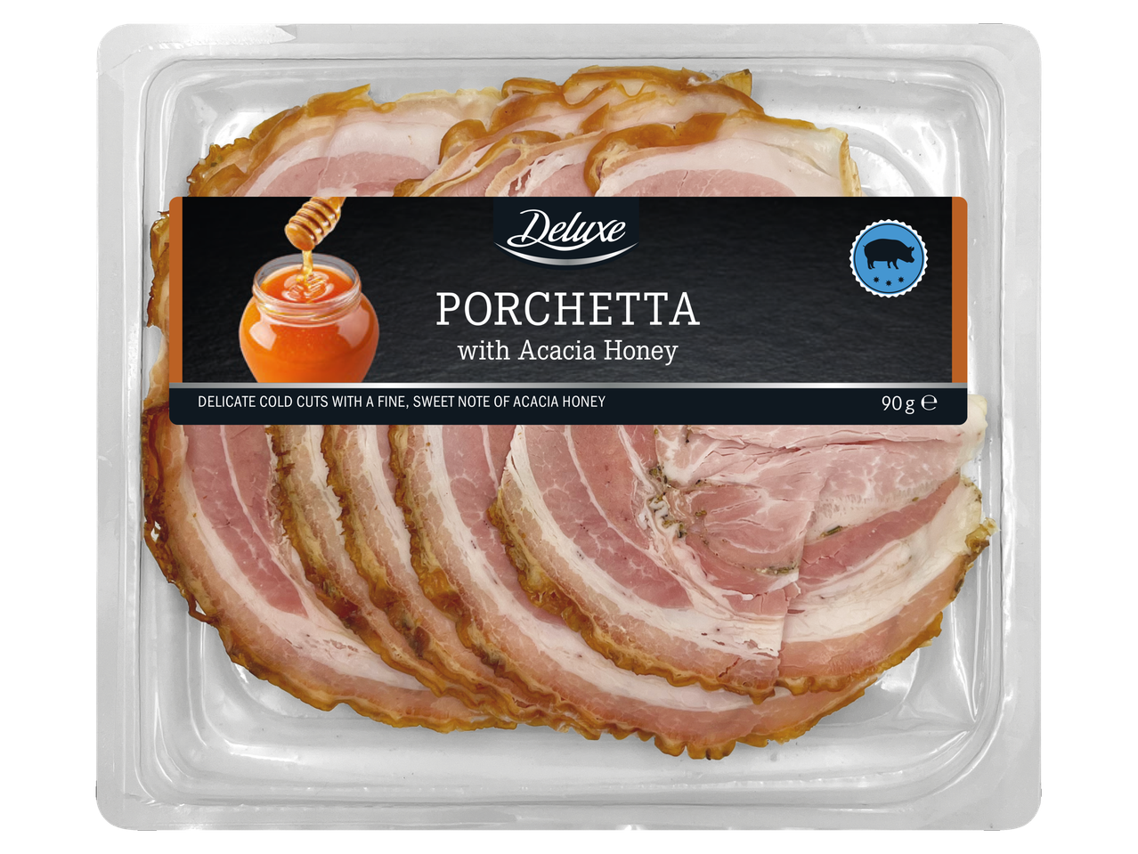 Deluxe Porchetta met Acaciahoning, 90g verpakking vleeswaren.