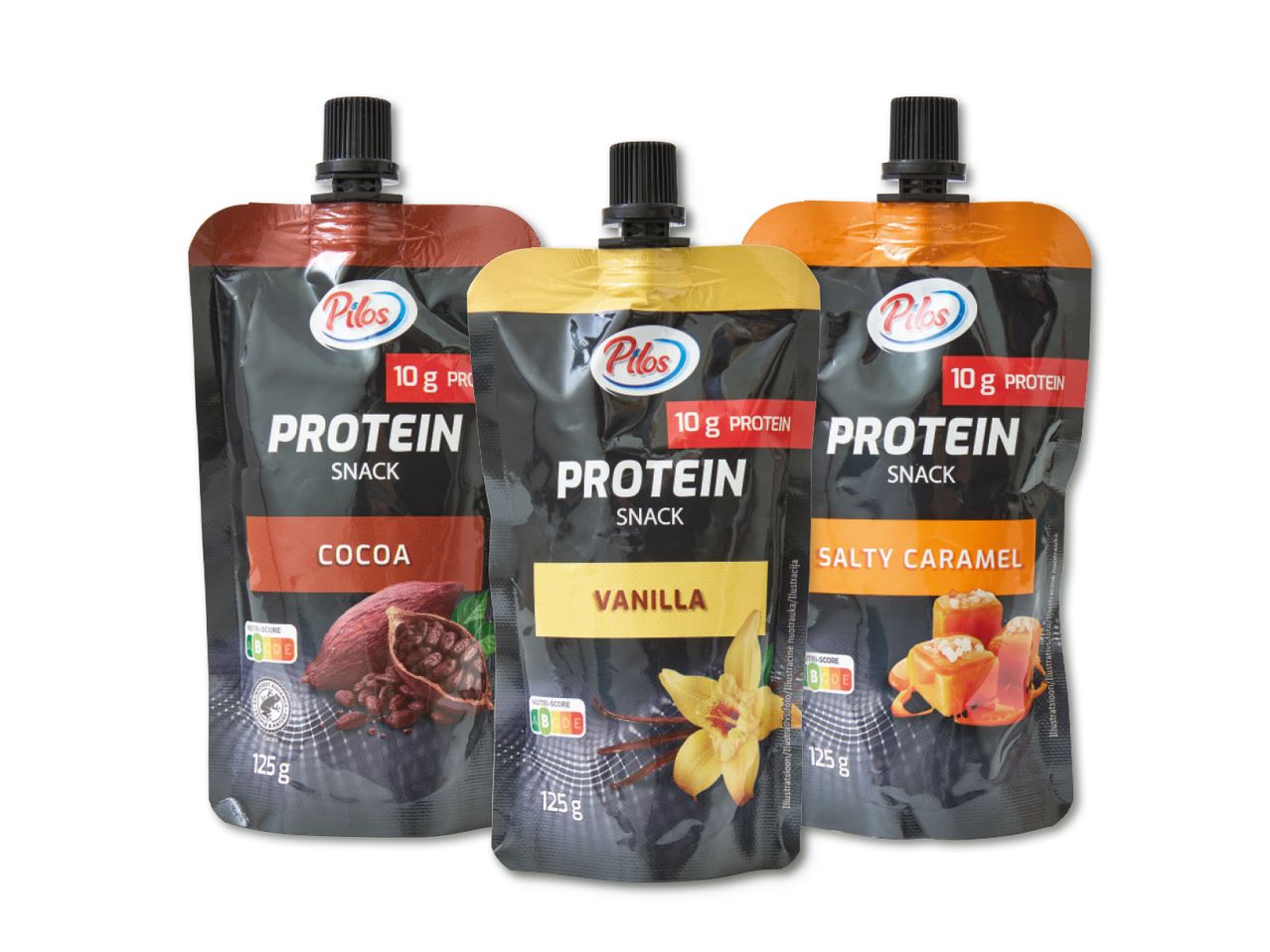 Trīs Fitness Guru proteīna mērču paciņas: šokolādes, vaniļas un karameļu.