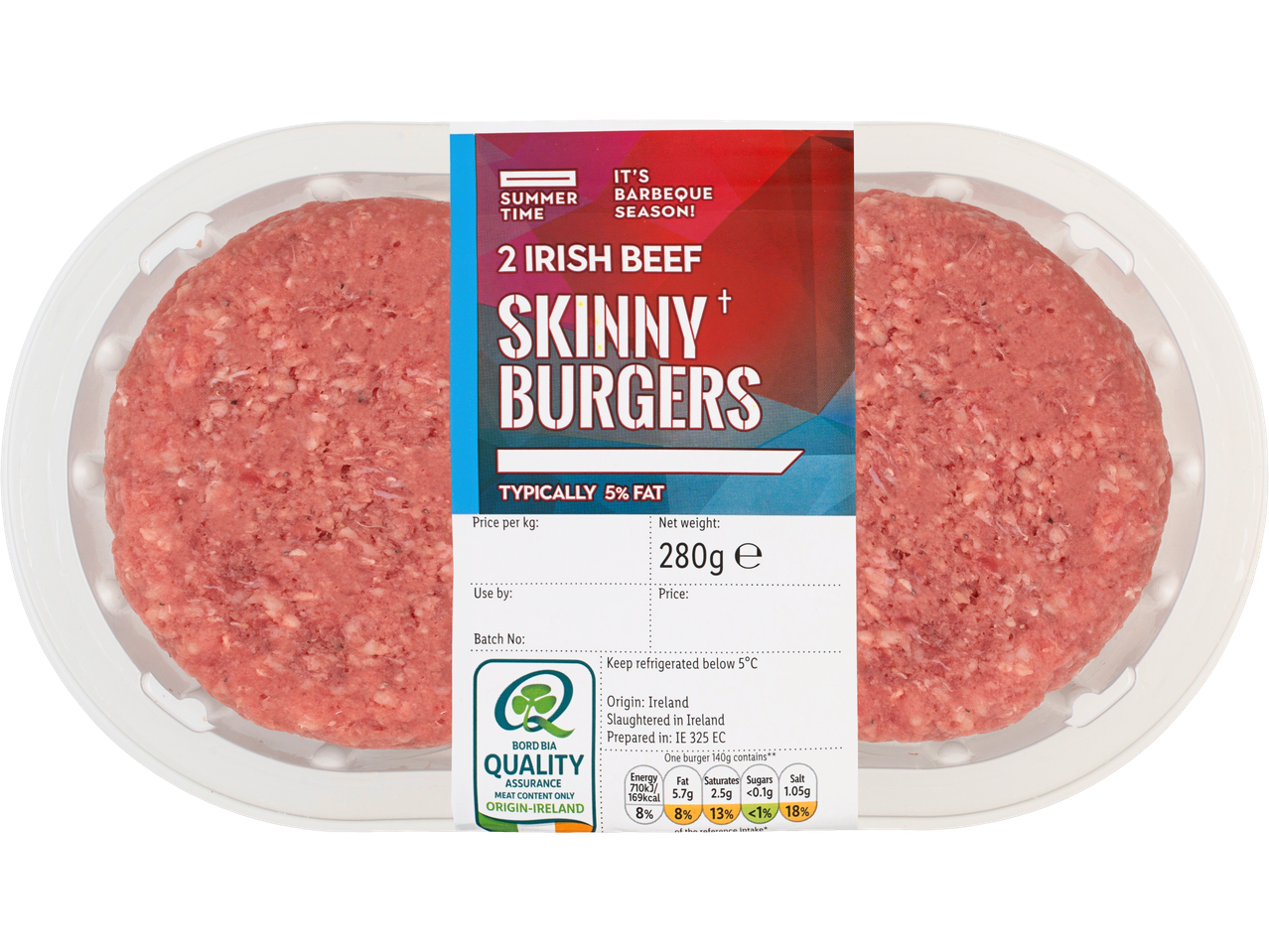 Two Irish beef Skinny Burgers, typically 5% fat.