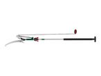 Long-reach tree pruner with a saw blade and rope mechanism.