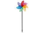 A colorful rainbow pinwheel with striped blades on a black stick.