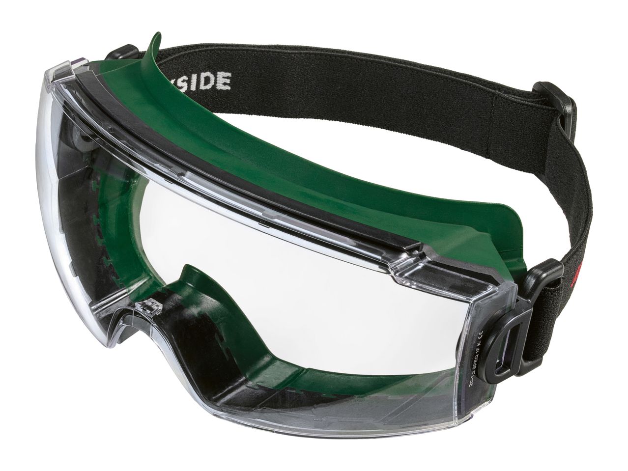 Green and clear safety goggles with an adjustable black strap