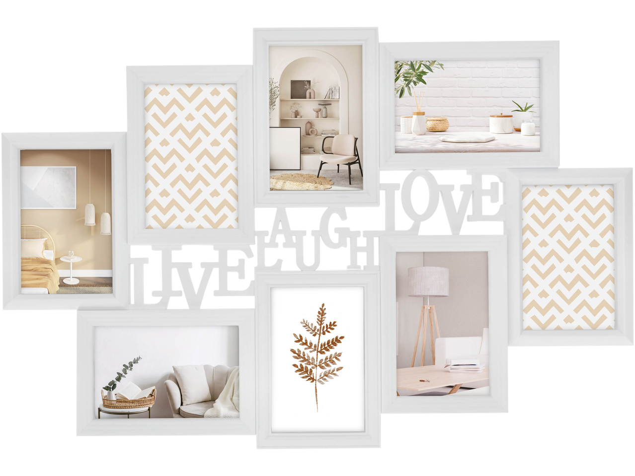 White multi-photo frame with 'LIVE LAUGH LOVE' text, displaying various home interior scenes and patterns.