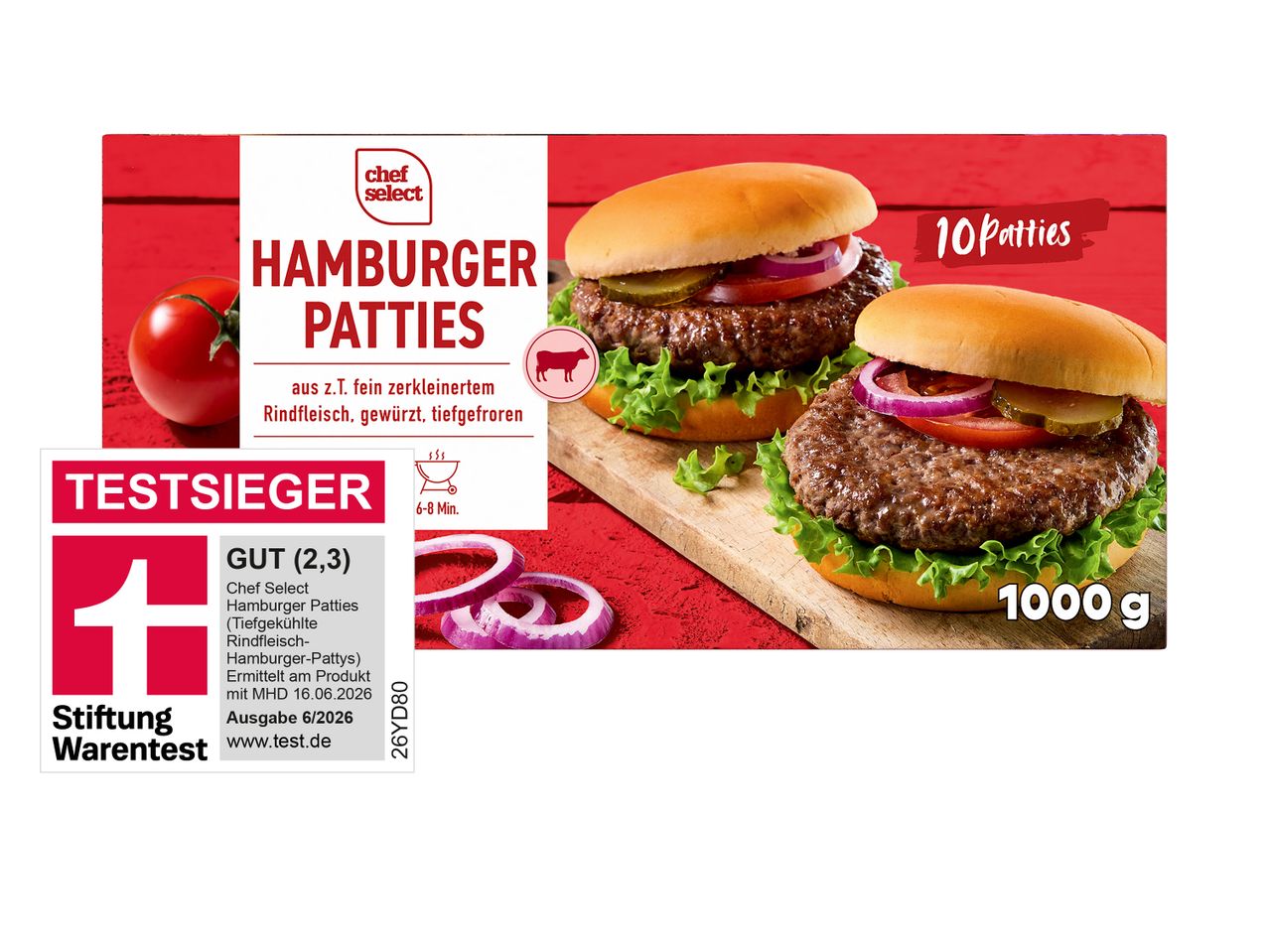 Verpackung für tiefgekühlte Hamburger-Patties mit zwei fertigen Burgern und der Aufschrift „TESTSIEGER GUT (2,3)“.