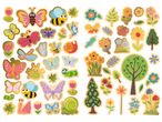 Adesivi di insetti, farfalle, fiori e alberi in stile cartone animato.