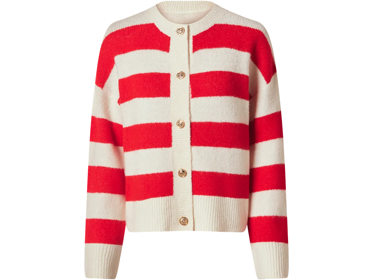 Esmara grofgebreid vest met rode en witte strepen en gouden knopen.