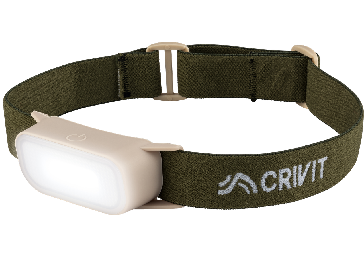 Lanterna de cabeça CRIVIT com alça verde e luz retangular, com o logótipo CRIVIT.