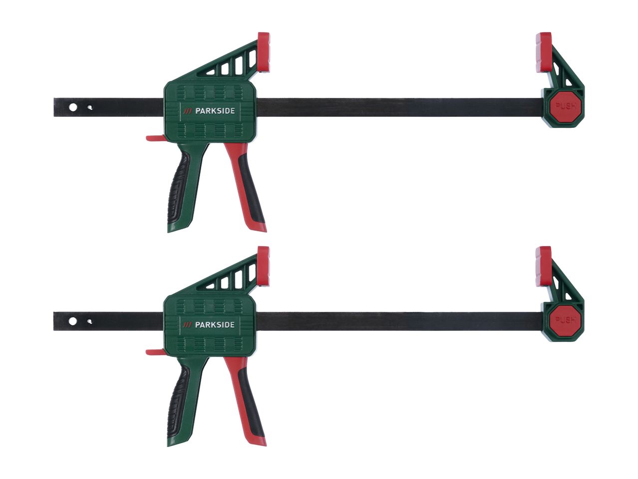 Two green and red bar clamps with black bars, used for woodworking or DIY projects.