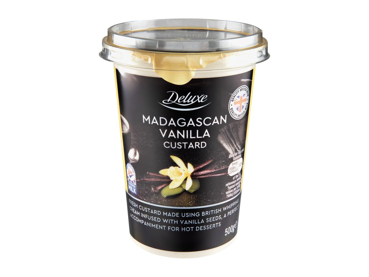 Deluxe Madagascan Vanilla Custard in a black and gold tub with a clear lid.