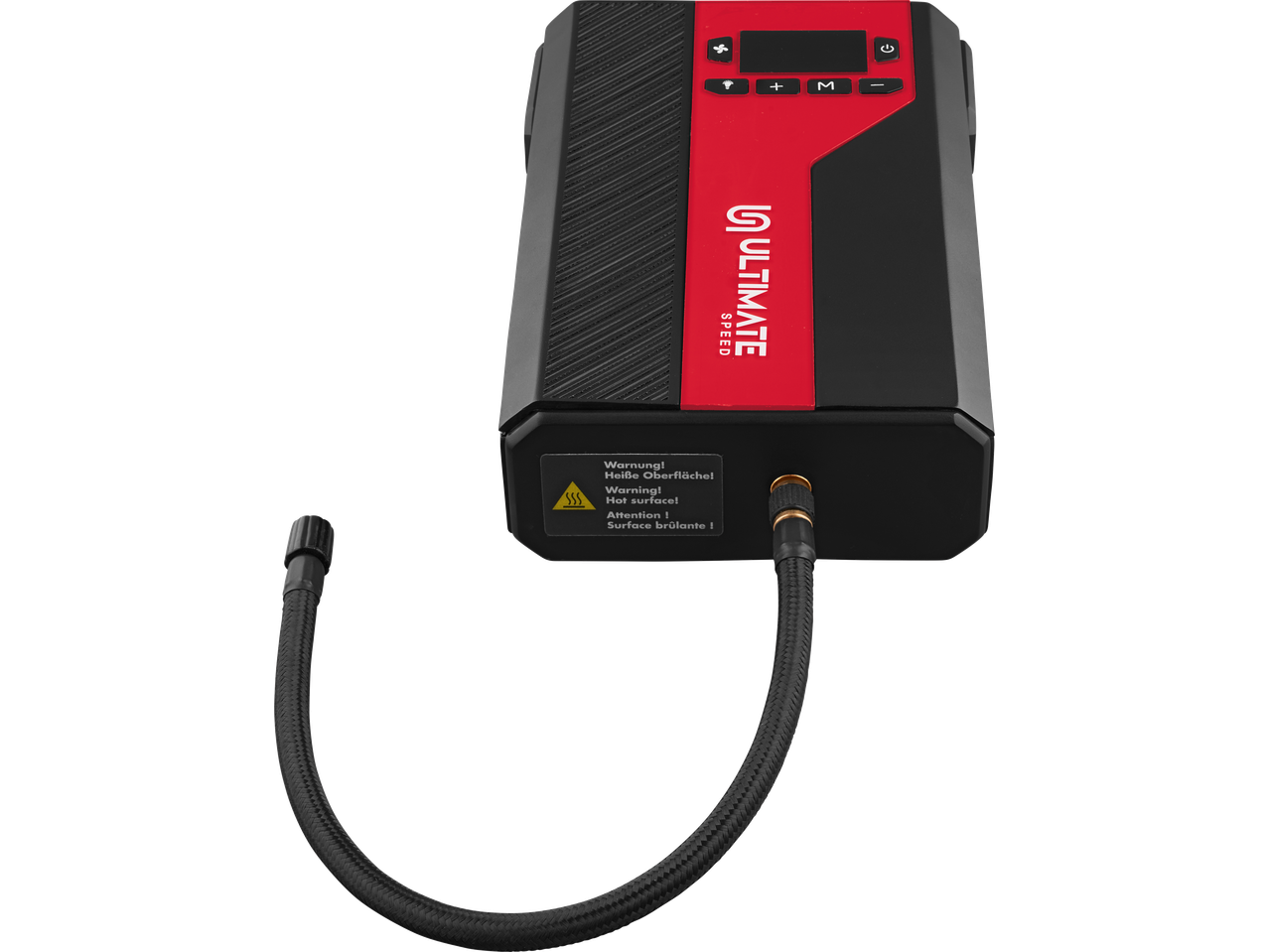 Portable air compressor with a red control panel and a warning for hot surfaces.