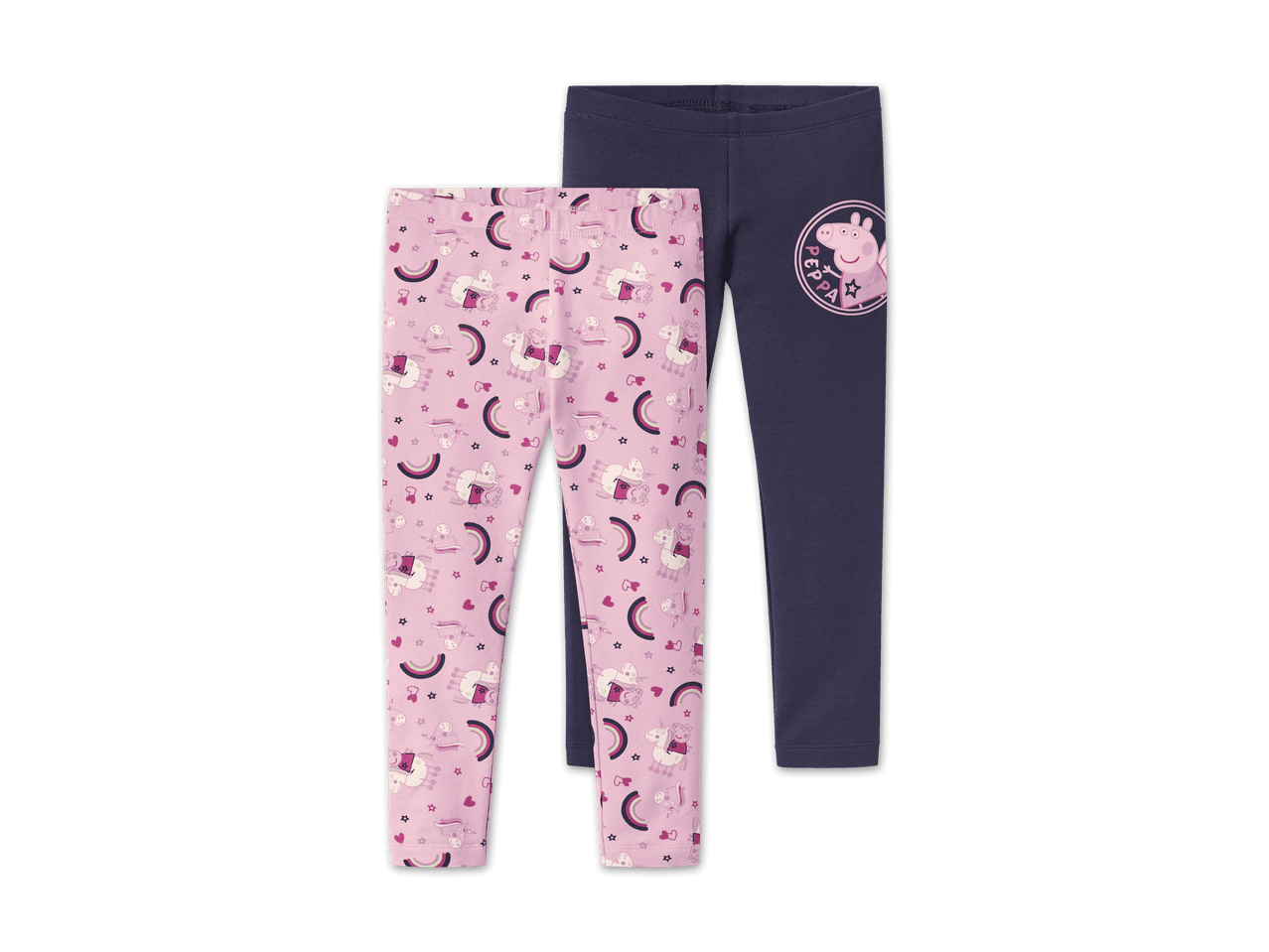 Zwei Peppa Wutz Leggings für Kinder, eine rosa mit Einhorn-Muster und eine dunkelblaue mit Peppa Wutz Logo.