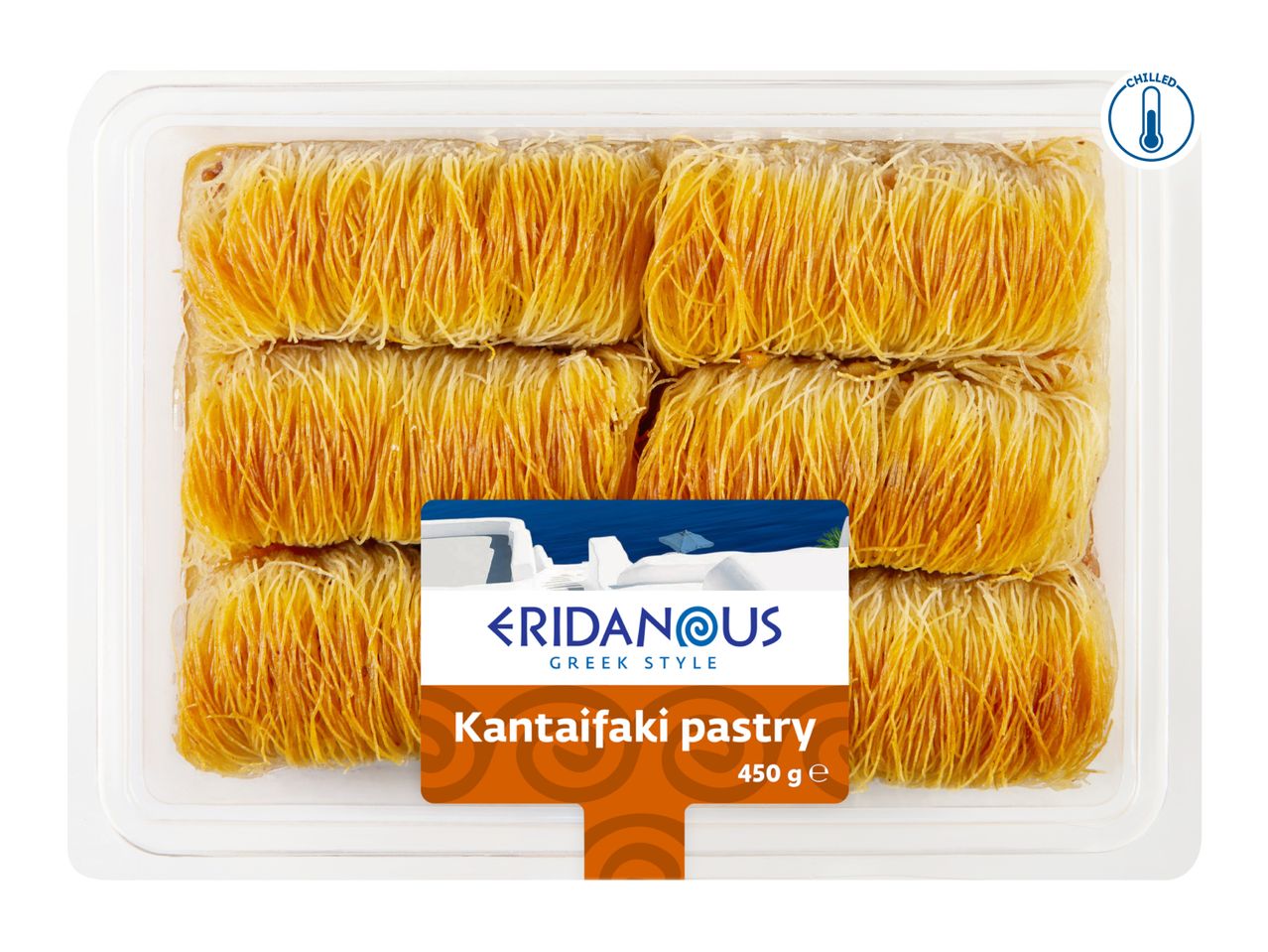 Kantaifaki pastry in a clear plastic container with a 'chilled' icon.