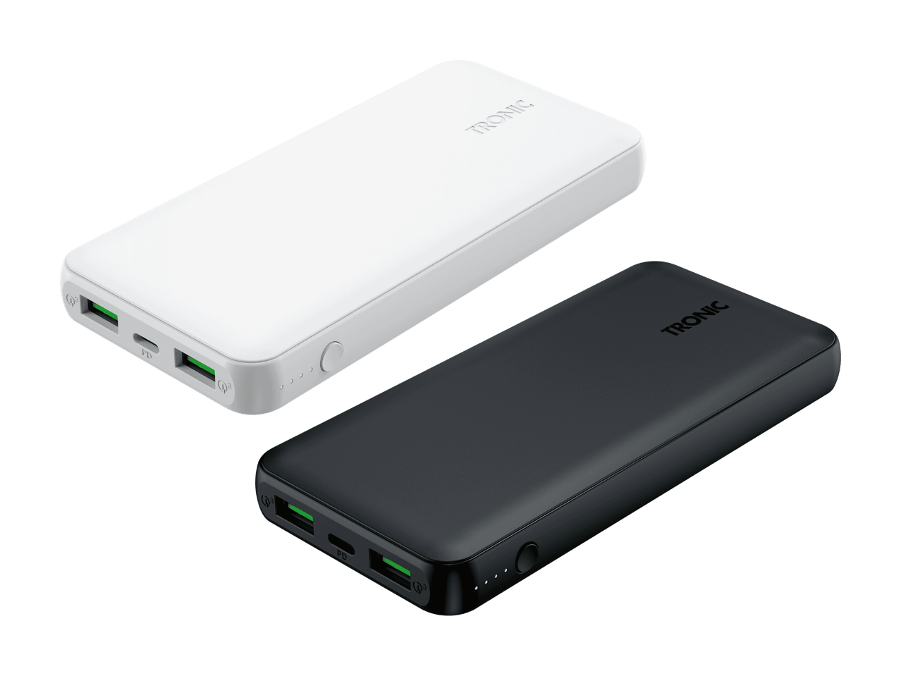 Deux batteries externes, une blanche et une noire, avec ports USB et indicateur de charge.