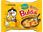 Samyang Buldak aštri vištienos skonio sūrio ramenų pakuotė su Hachi personažu.