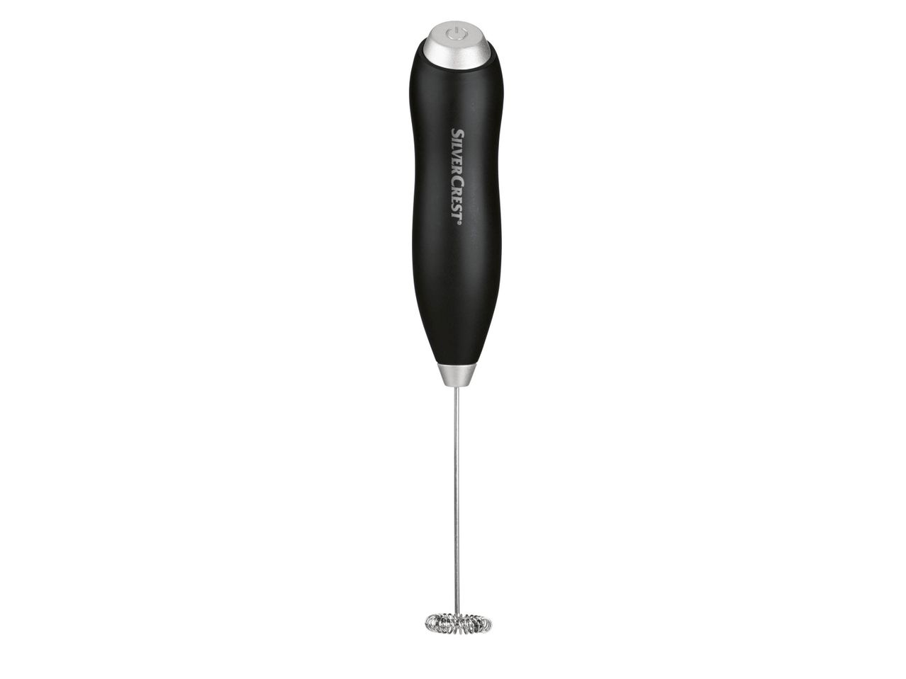 SilverCrest milk frother with a black handle and a silver whisk.