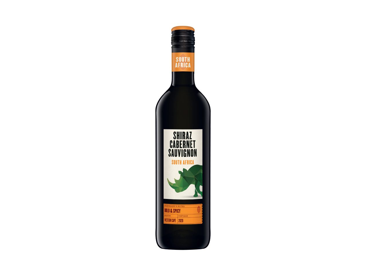 Pietų Afrikos Shiraz Cabernet Sauvignon vyno butelis.