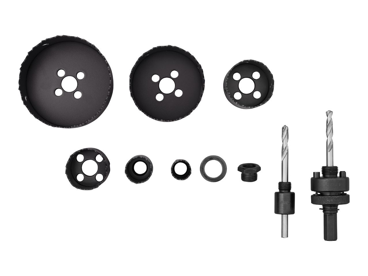 A set of hole saws in various sizes with two arbors and pilot drill bits.