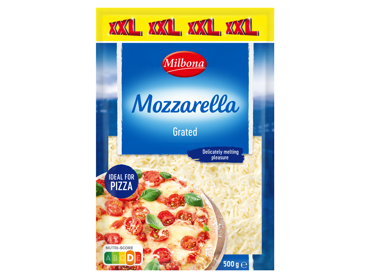 Milbona XXL geraspte mozzarella kaas, ideaal voor pizza.