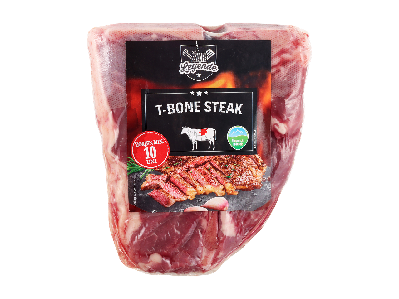 Vakuumsko pakiran T-bone steak z oznako »Zorjen min. 10 dni« in »Slovenski izdelek«.