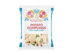 Packaging for potato dumplings with pork and beef, featuring a folk-art design.